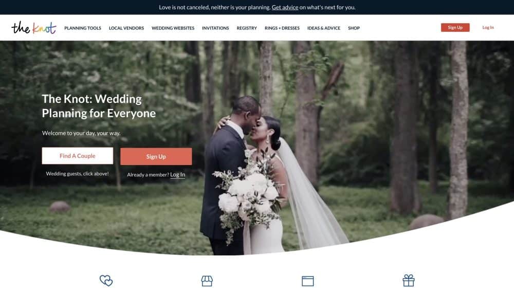 Couple embracing in a forest setting, showcasing The Knot wedding planning app interface with features for organizing weddings and personalizing experiences.