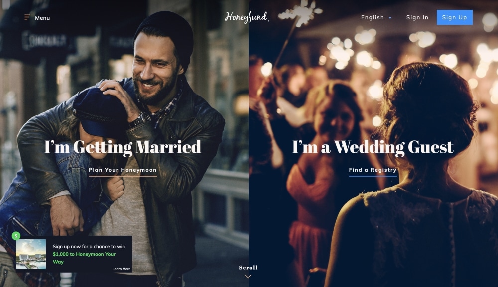 Honeyfund app interface showcasing wedding planning features, including options for honeymoon planning and guest registry.