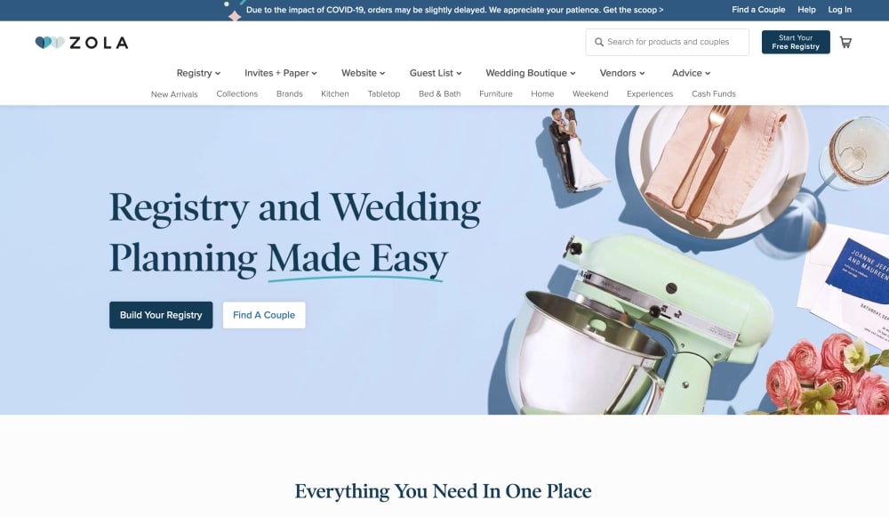 Zola wedding planning website showcasing registry options, kitchen mixer, floral arrangements, and wedding planning resources.
