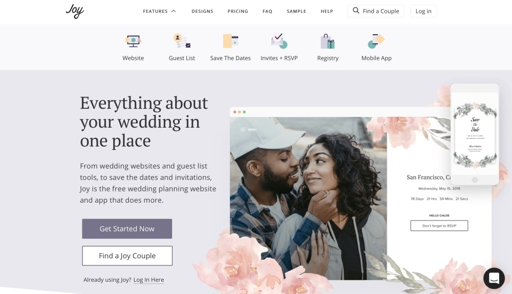 Couple smiling and embracing, featured on Joy wedding planning app interface showcasing wedding details and invitation design, emphasizing organization for wedding preparations.