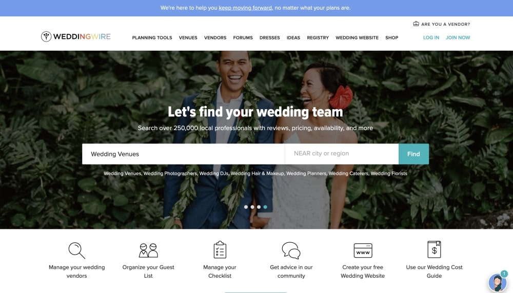 Couple smiling together on WeddingWire homepage, showcasing wedding planning tools and vendor search features.