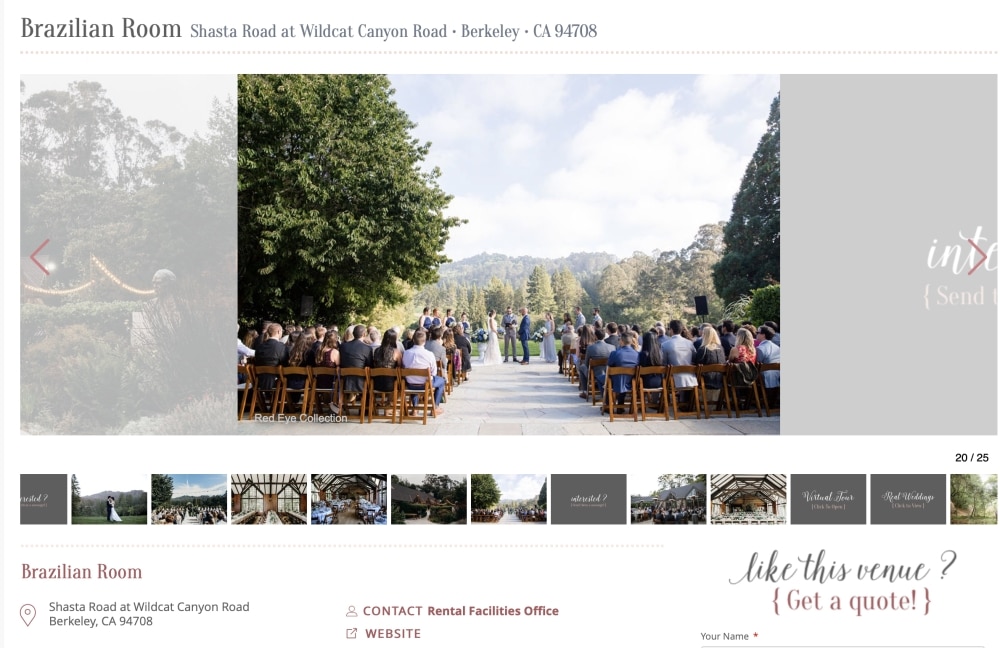 Outdoor wedding ceremony at the Brazilian Room, featuring guests seated on wooden chairs, lush greenery, and a scenic backdrop in Berkeley, California.