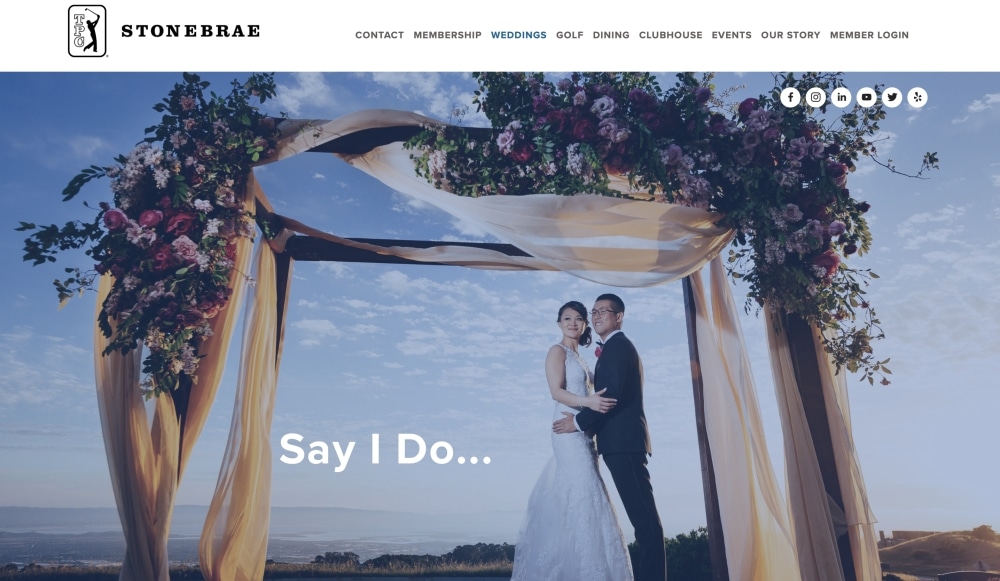 Couple standing under a floral wedding arch at TPC Stonebrae, with scenic views in the background, symbolizing intimate celebrations and memorable events.
