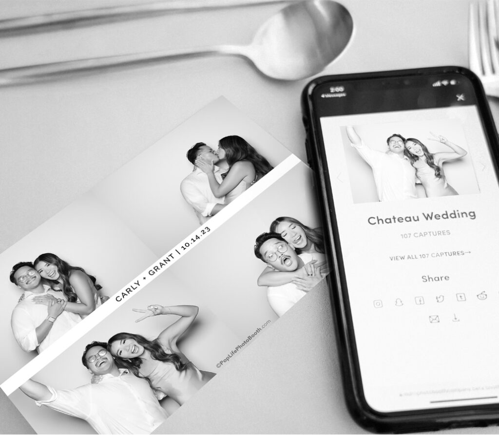 Photo booth print featuring a couple at a wedding, showing playful poses and expressions, alongside a smartphone displaying a digital gallery for sharing captures from the event.