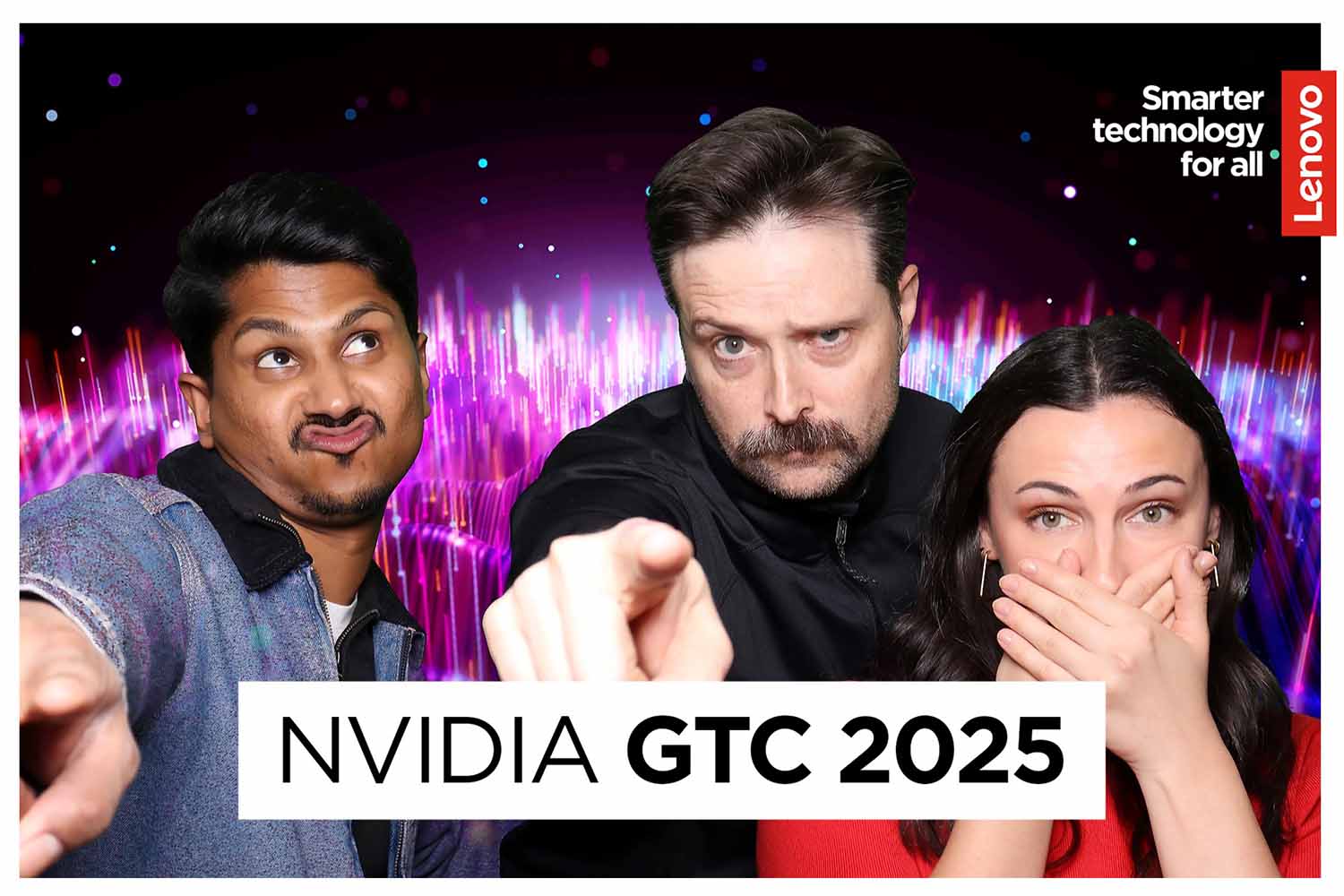 Group of three individuals posing playfully in front of a colorful digital backdrop, featuring "NVIDIA GTC 2025" text, showcasing engagement at a corporate event with a photo booth.