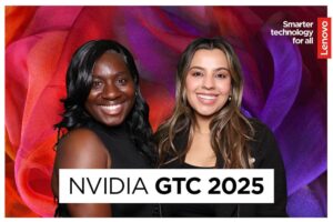 Two women posing together in front of a vibrant, colorful backdrop with the text "NVIDIA GTC 2025" and a Lenovo logo, reflecting a branded photo activation experience at a tech event.