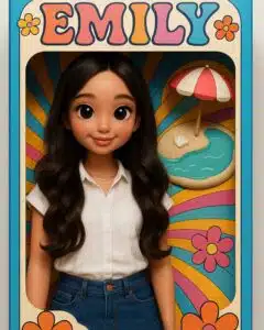 Doll named Emily in a colorful box, featuring a beach scene with an umbrella and flowers, representing playful and personalized keepsakes for events.