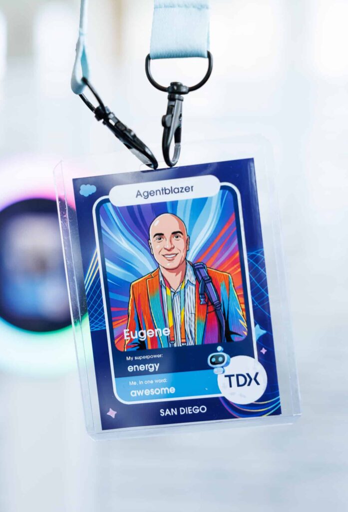 Custom trading card portrait and branded lanyard for event networking and team building.