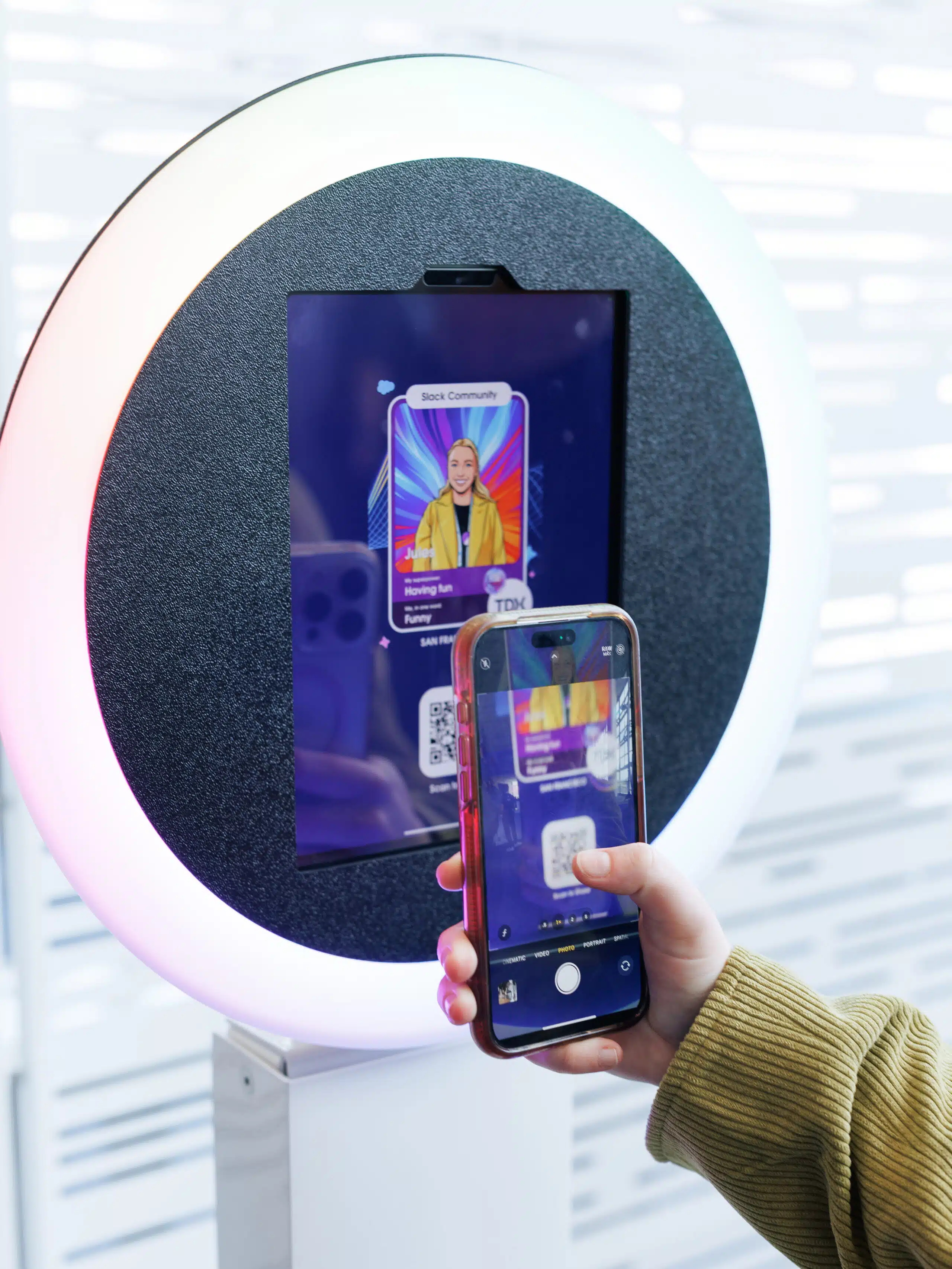Pop Life Photo booth with AI portrait and QR code for digital download and branded trading card.