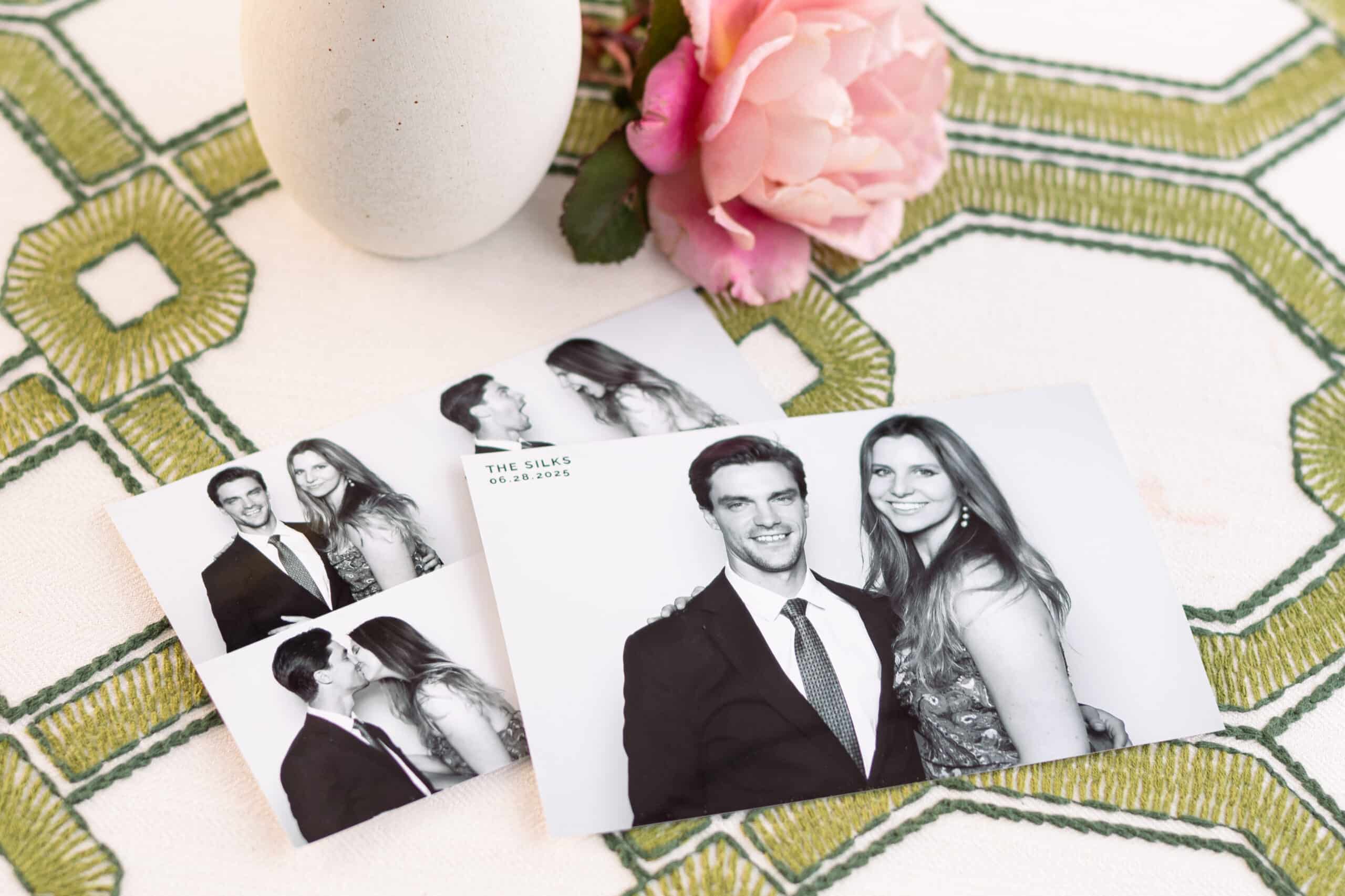 Glam photo booth prints and branded overlay showcasing polished portraits and instant digital delivery.