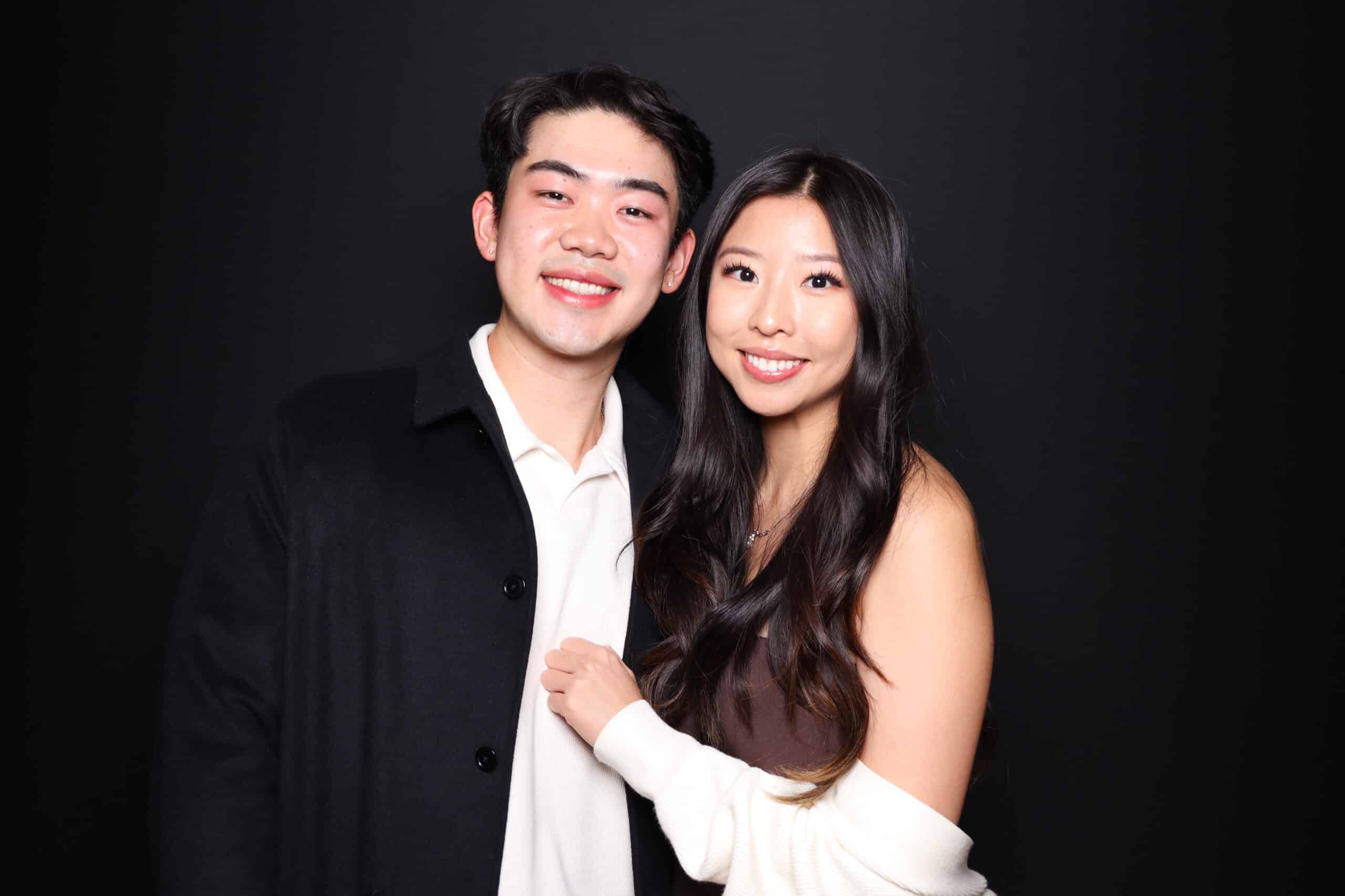 Glam Photo Booth portraits of smiling couple, polished and elevated imagery.