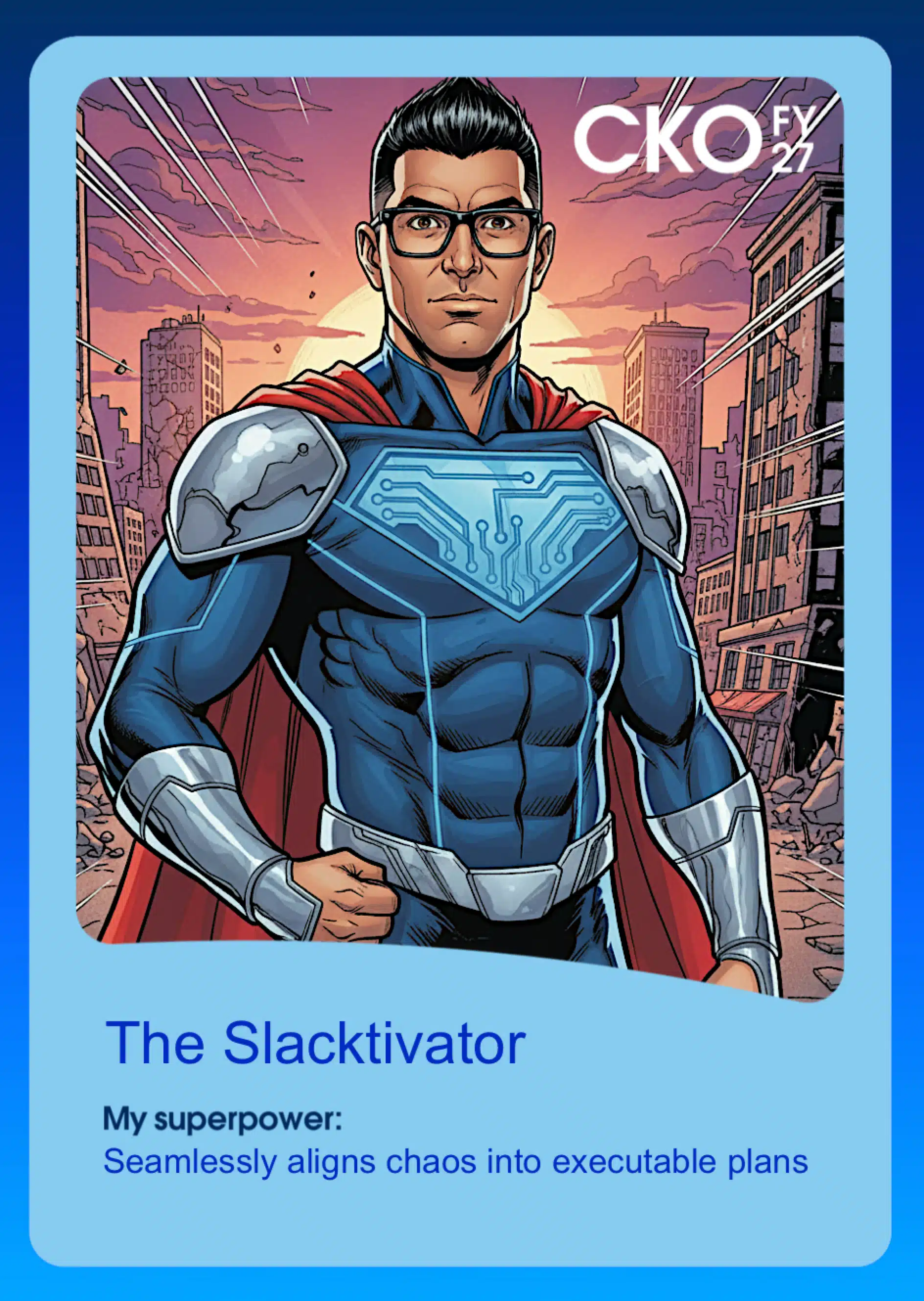 AI trading card with custom superhero portrait and branded design.