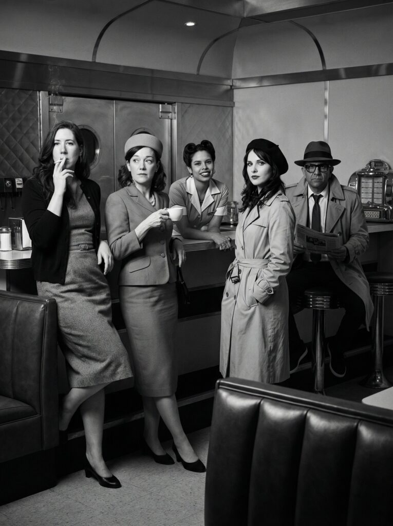 1950s Americana diner scene with five individuals in vintage attire, featuring women in elegant dresses and a man in a trench coat, capturing the essence of historic glamour and film noir aesthetics.