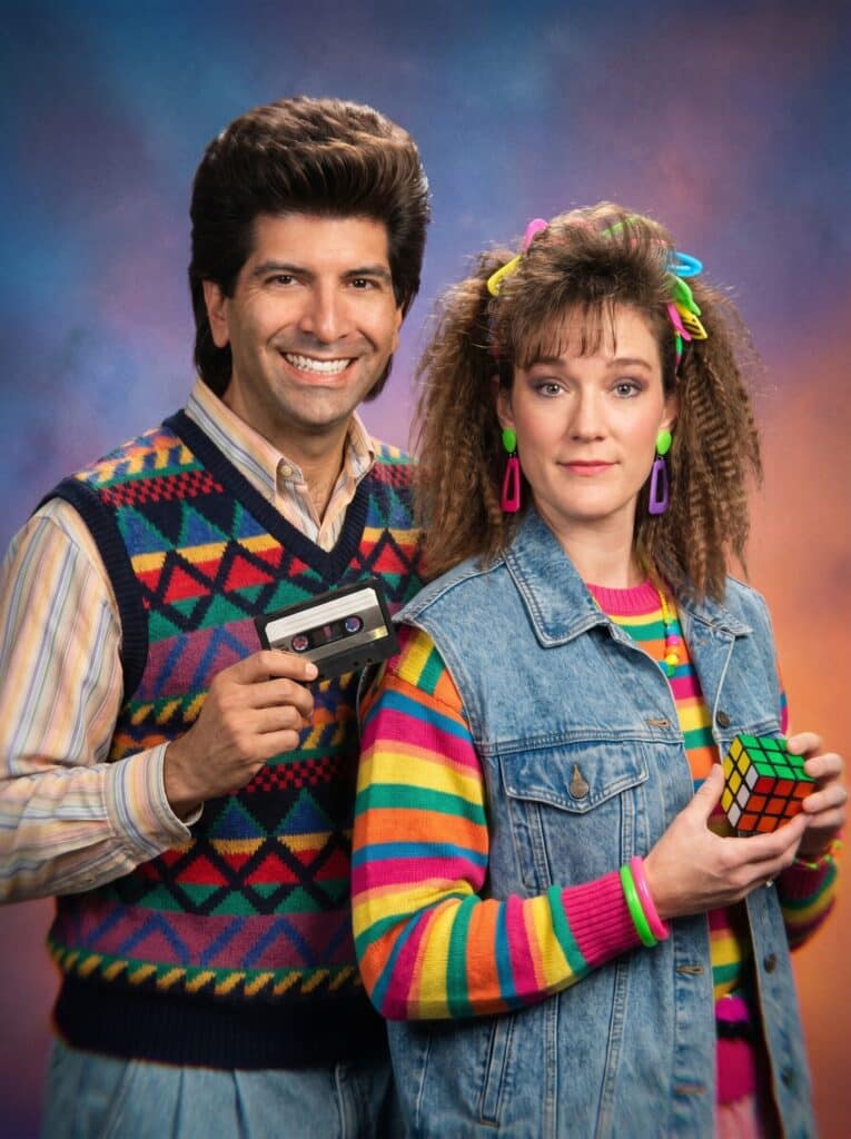 80s yearbook style photo booth filter, nostalgic 80s aesthetic, Rubik's cubes and retro accessories