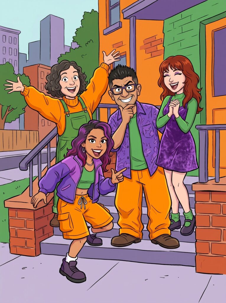 90s cartoon filter depicting a group of friends, nostalgic and historic photo booth experience.