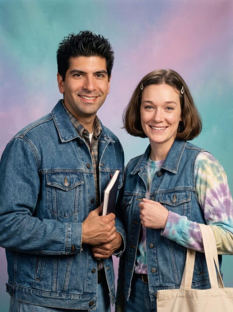 90s yearbook style portrait of a man and woman in denim jackets
