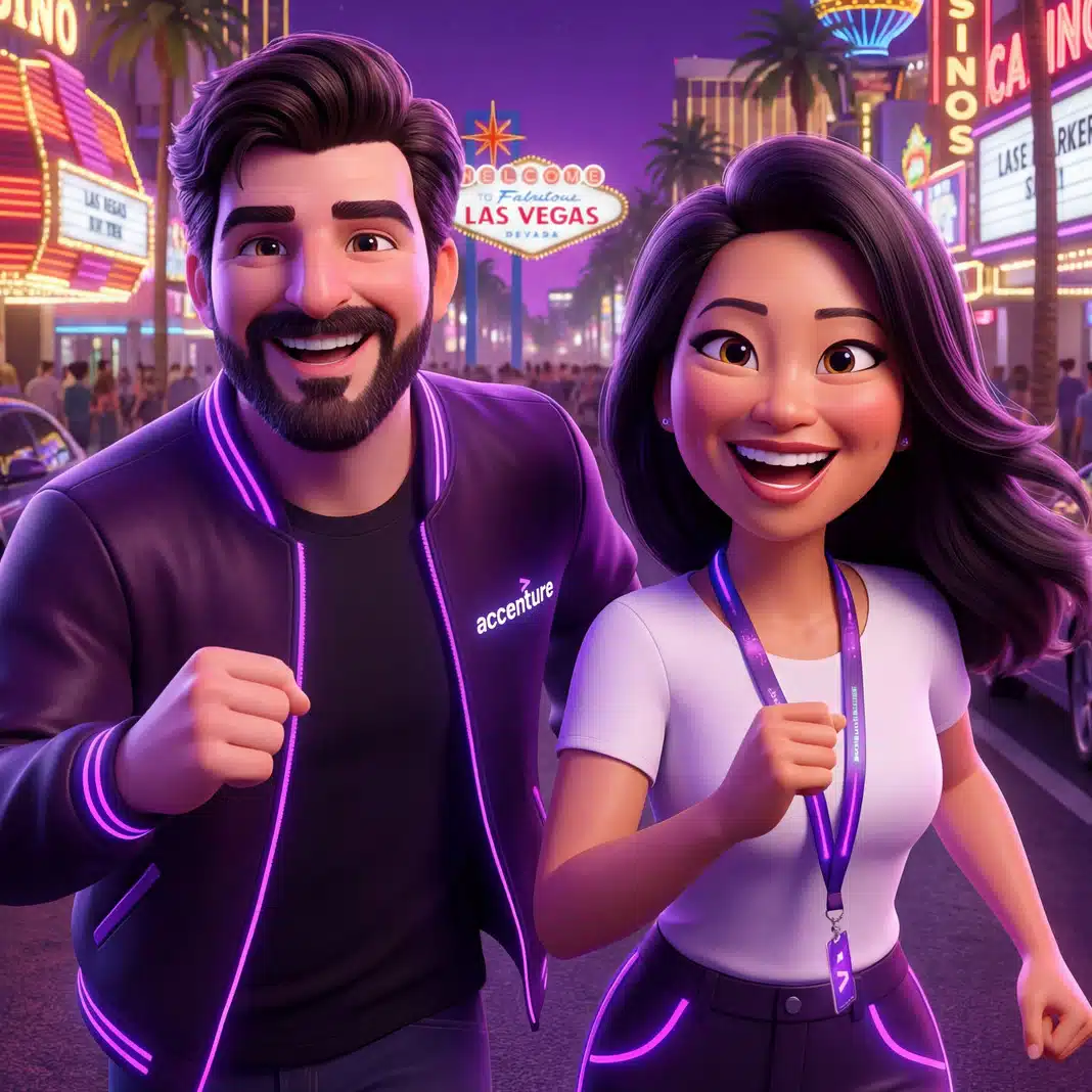 Animated characters smiling and running in Las Vegas, wearing branded attire, with vibrant neon lights and a "Welcome to Fabulous Las Vegas" sign in the background, representing an engaging event atmosphere.