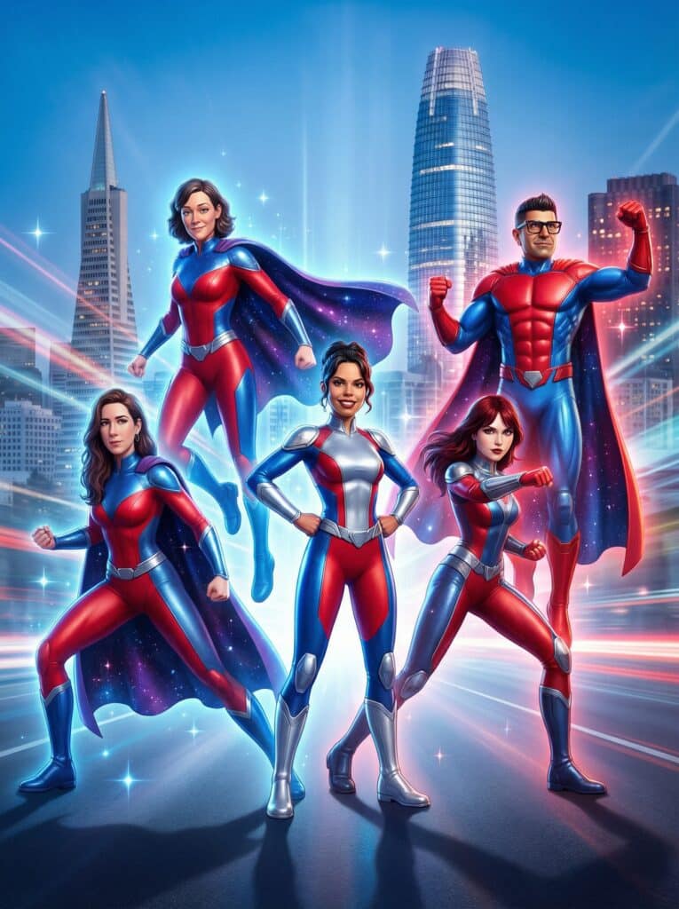 Superhero team in colorful costumes with capes, set against a city skyline, embodying action and adventure, representing the "Action Figure" theme in fantasy and pop culture.