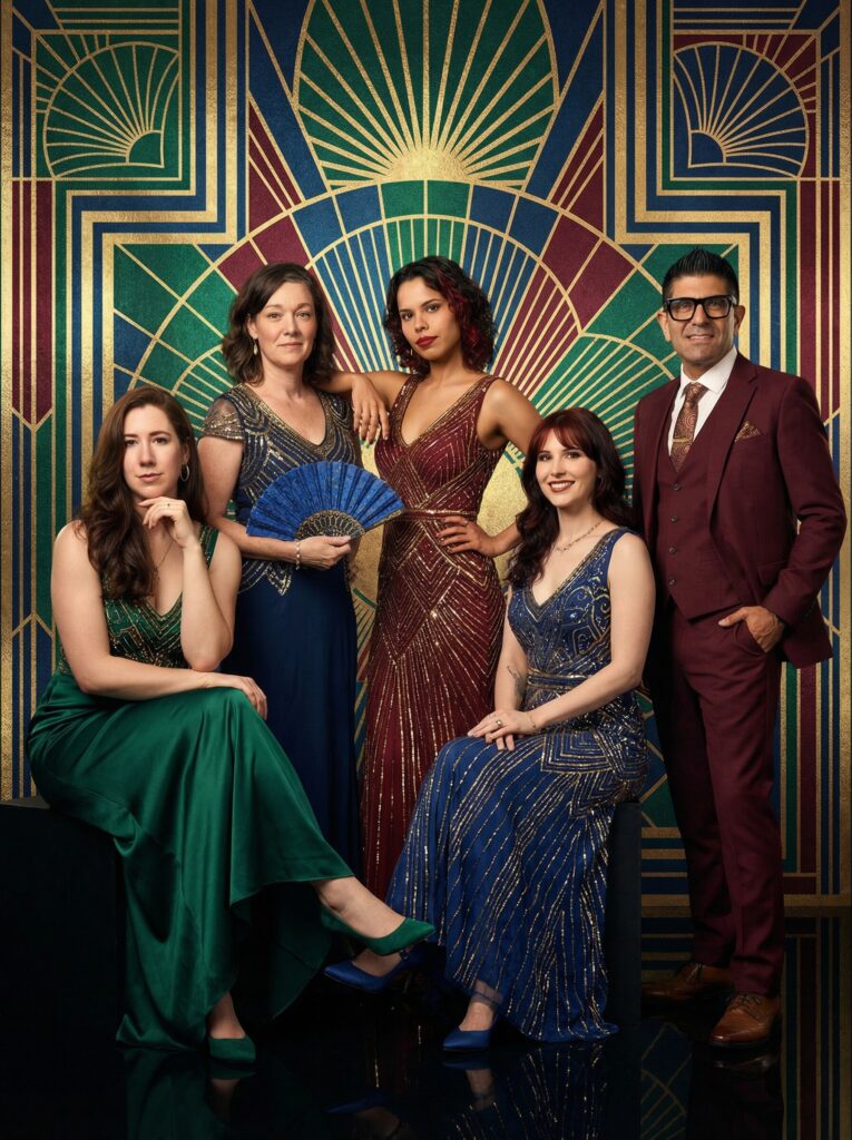 Group of five elegantly dressed individuals in Art Deco-inspired attire, posing against a geometric backdrop, embodying vintage glamour and historical aesthetics, suitable for themed events and nostalgic experiences.