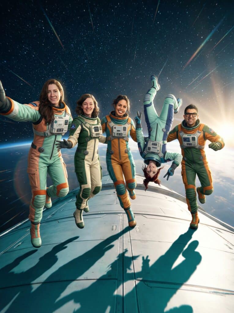Group of five astronauts in colorful space suits joyfully floating in zero gravity against a starry backdrop, capturing a futuristic and adventurous theme for tech-forward events.