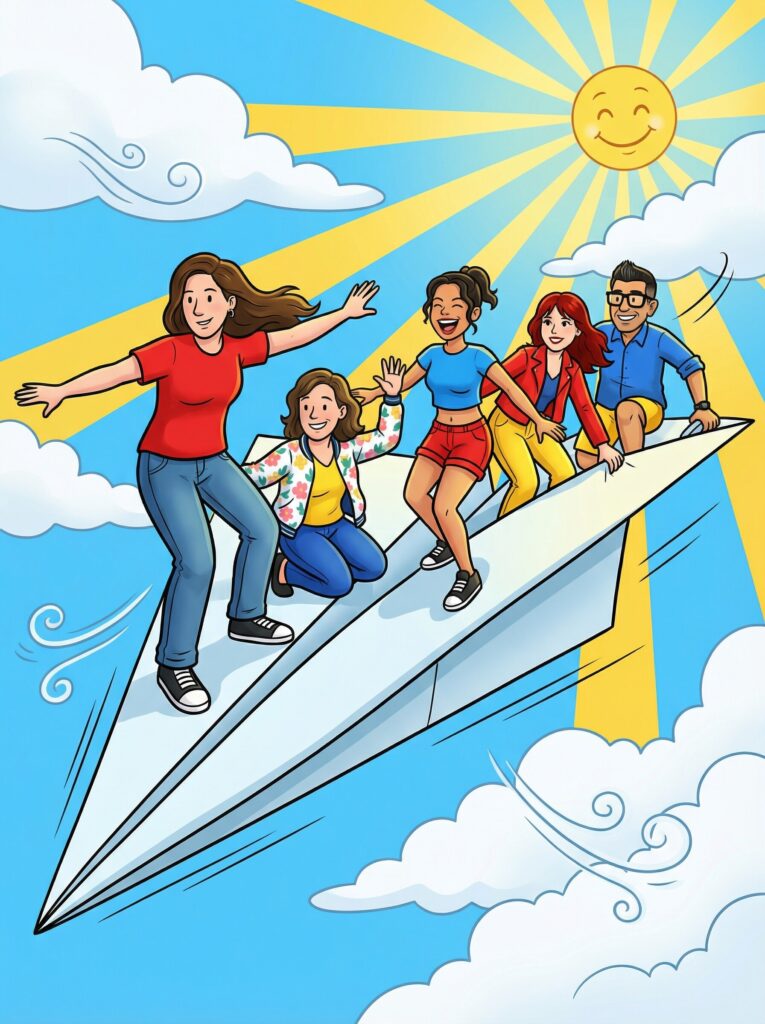 Group of friends joyfully riding a large paper airplane in a bright, cartoonish sky with clouds and a smiling sun, representing whimsical fun and adventure in pop culture.
