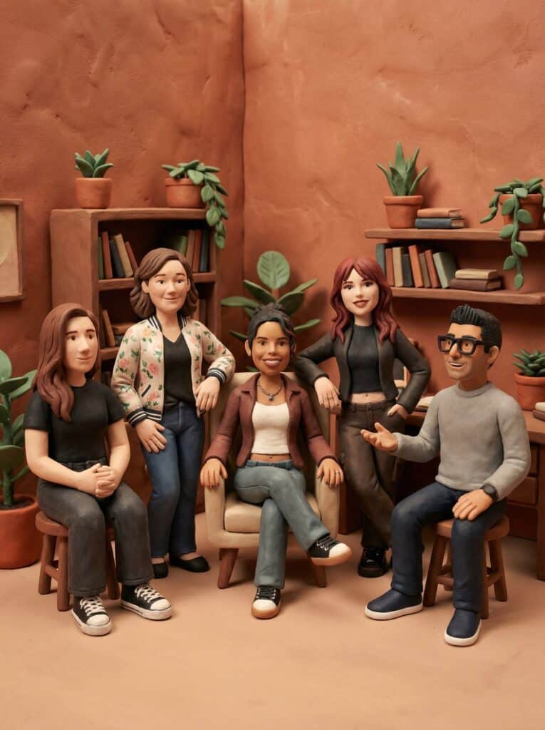 Claymation figures of five diverse individuals seated in a cozy setting with plants and bookshelves, representing a playful and artistic portrayal suitable for themed photo booth experiences.