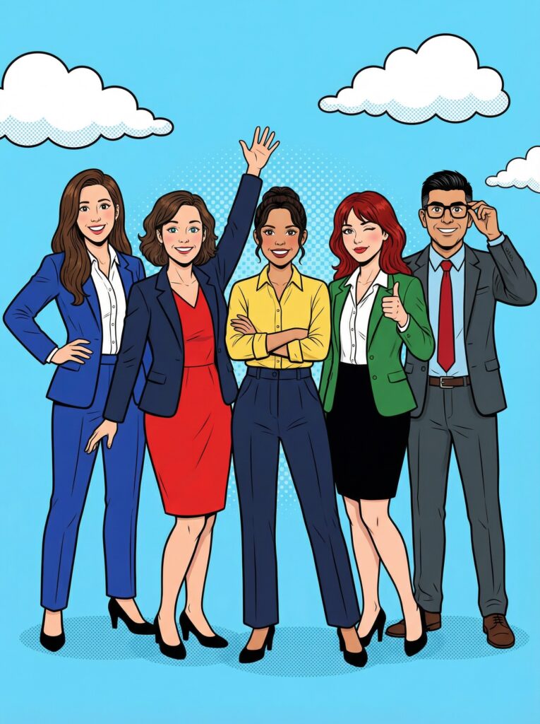 Group of diverse professionals in colorful business attire, smiling and posing against a blue background with clouds, reflecting themes of teamwork and empowerment in a pop art style.