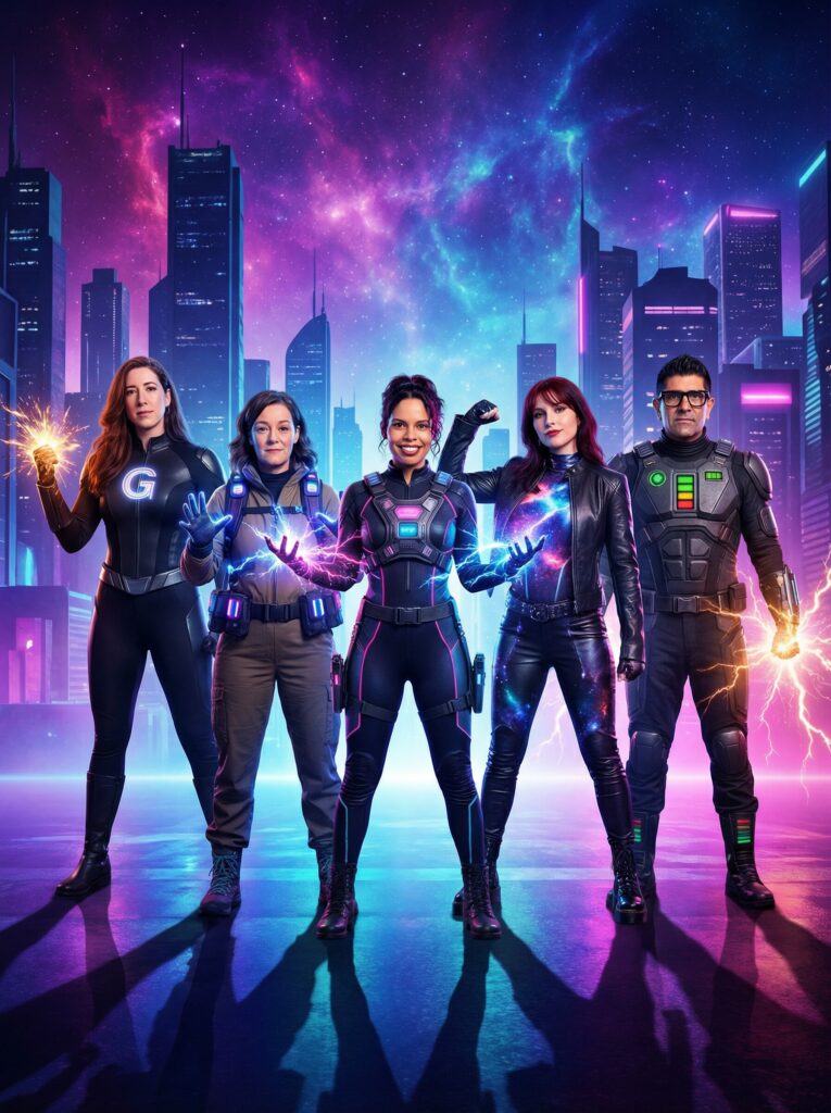 Five superheroes in futuristic outfits, showcasing vibrant energy powers, set against a cosmic cityscape with neon lights, representing themes of Fantasy & Pop Culture and Futuristic experiences for photo booths.