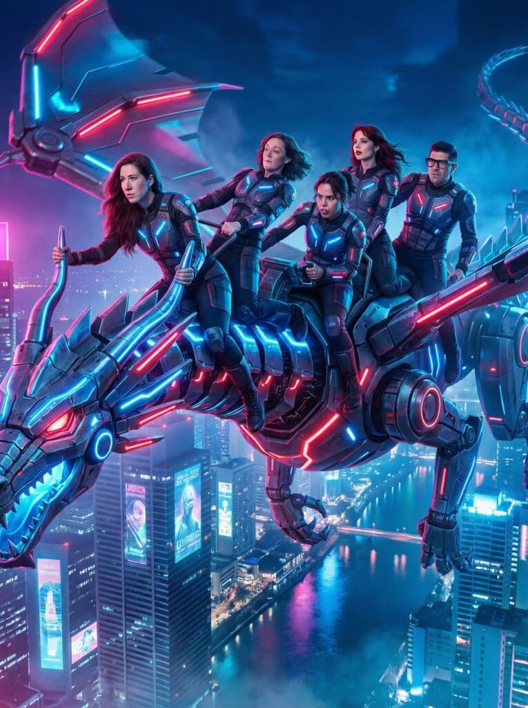 Group of five riders in futuristic suits on a neon-lit cyber dragon, soaring over a vibrant cityscape, embodying themes of fantasy and pop culture.