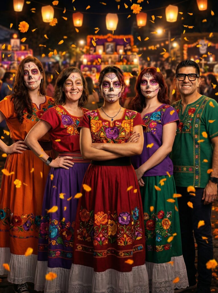 Group of people dressed in traditional Día de los Muertos attire, featuring colorful embroidered dresses and skull makeup, set against a festive backdrop with marigold petals and lanterns, celebrating Latin festive culture.