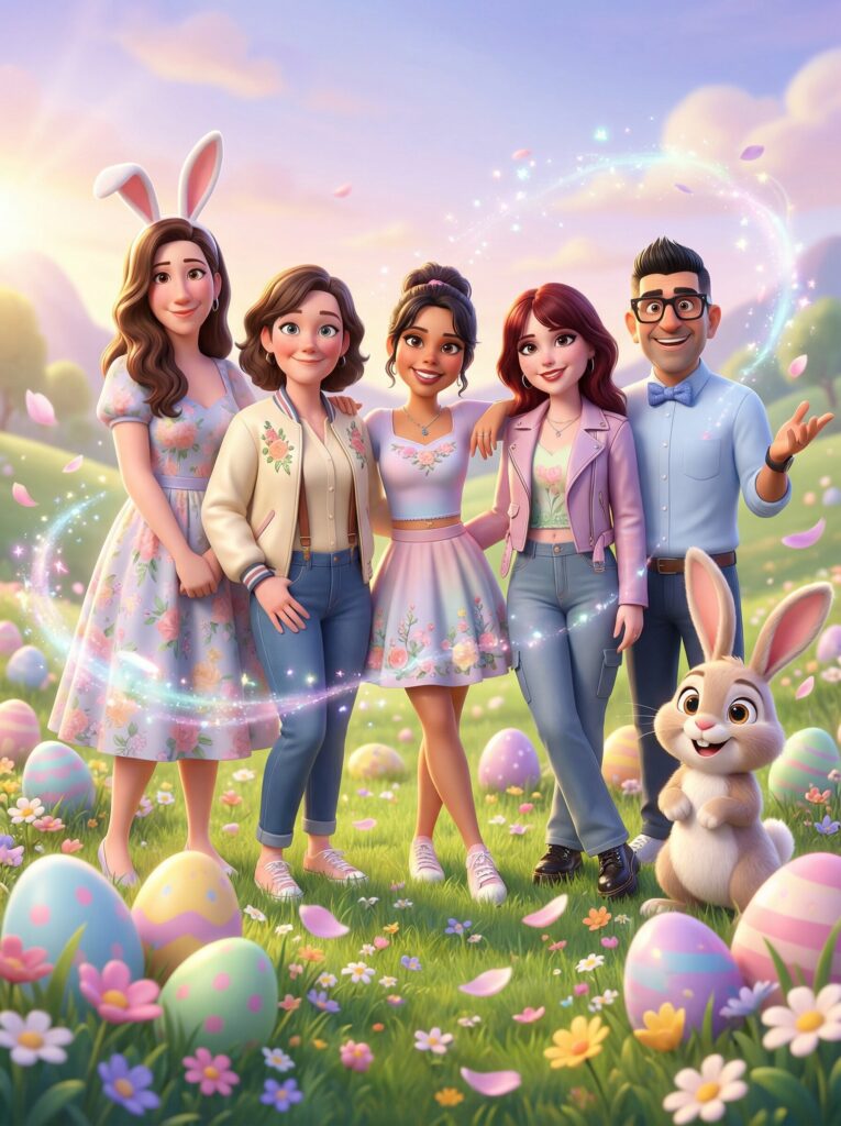 Group of animated characters celebrating Easter, featuring a bunny, colorful eggs, and floral elements in a vibrant spring setting, reflecting festive themes for events.