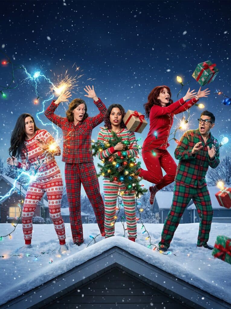 Group of five people in festive pajamas on a snowy rooftop, surrounded by Christmas lights and throwing gifts, capturing a chaotic holiday moment.