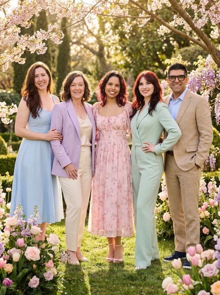 Group of five elegantly dressed individuals posing in a blooming garden, surrounded by pastel flowers and cherry blossom trees, capturing a vibrant spring portrait experience.