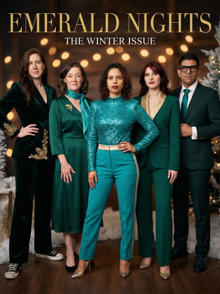 Emerald Nights cover featuring five stylish individuals in winter fashion, showcasing vibrant teal and green outfits against a festive backdrop with holiday decor, emphasizing the theme of seasonal elegance.