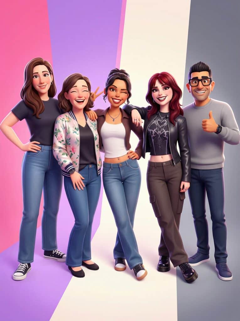 Diverse group of animated characters smiling and posing together, showcasing vibrant fashion styles in a colorful backdrop, representing the fun and engaging atmosphere of Pop Life Photo's AI-enhanced photo booth experiences.