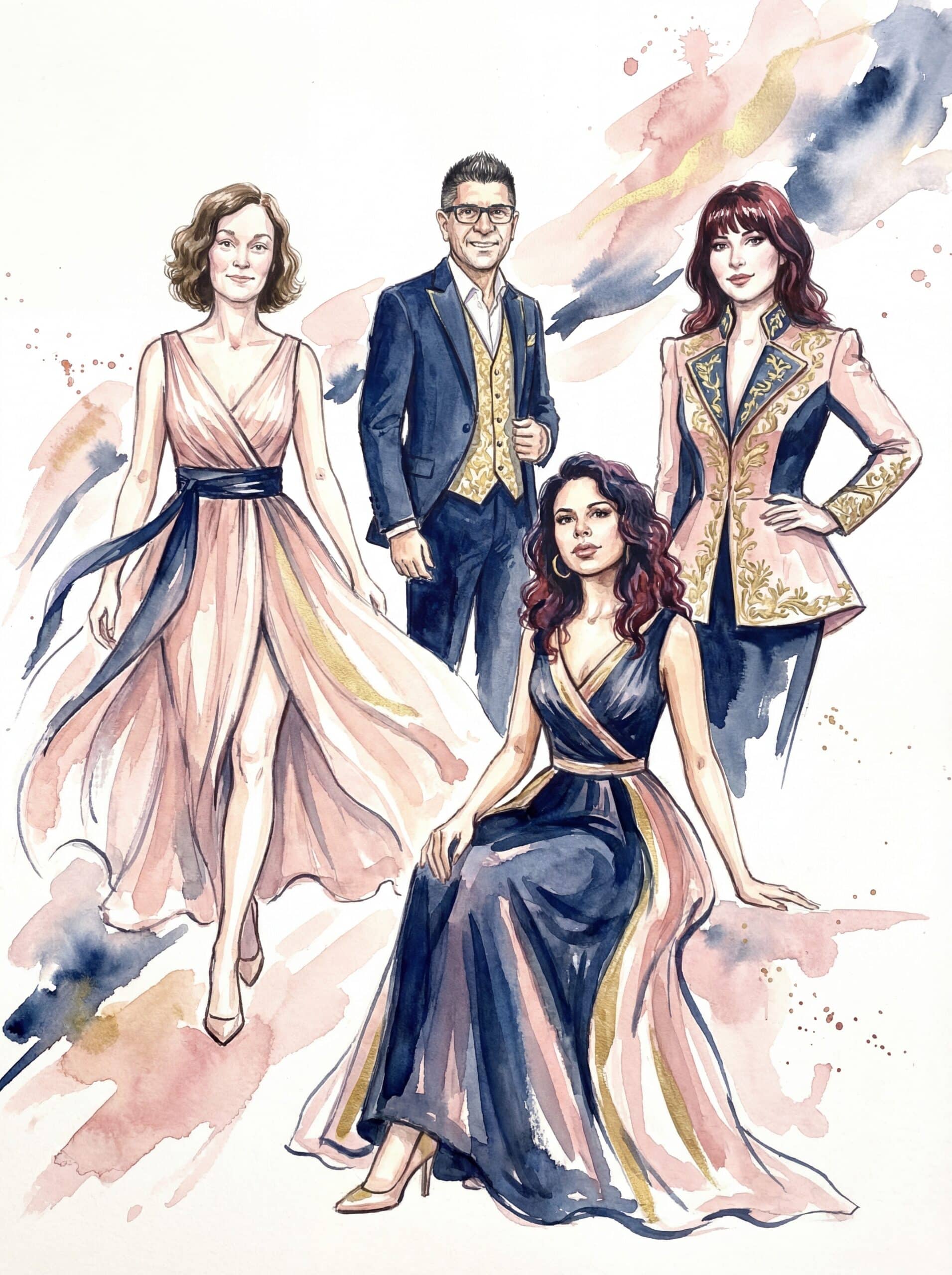 Watercolor portrait illustration of event guests and branded activations
