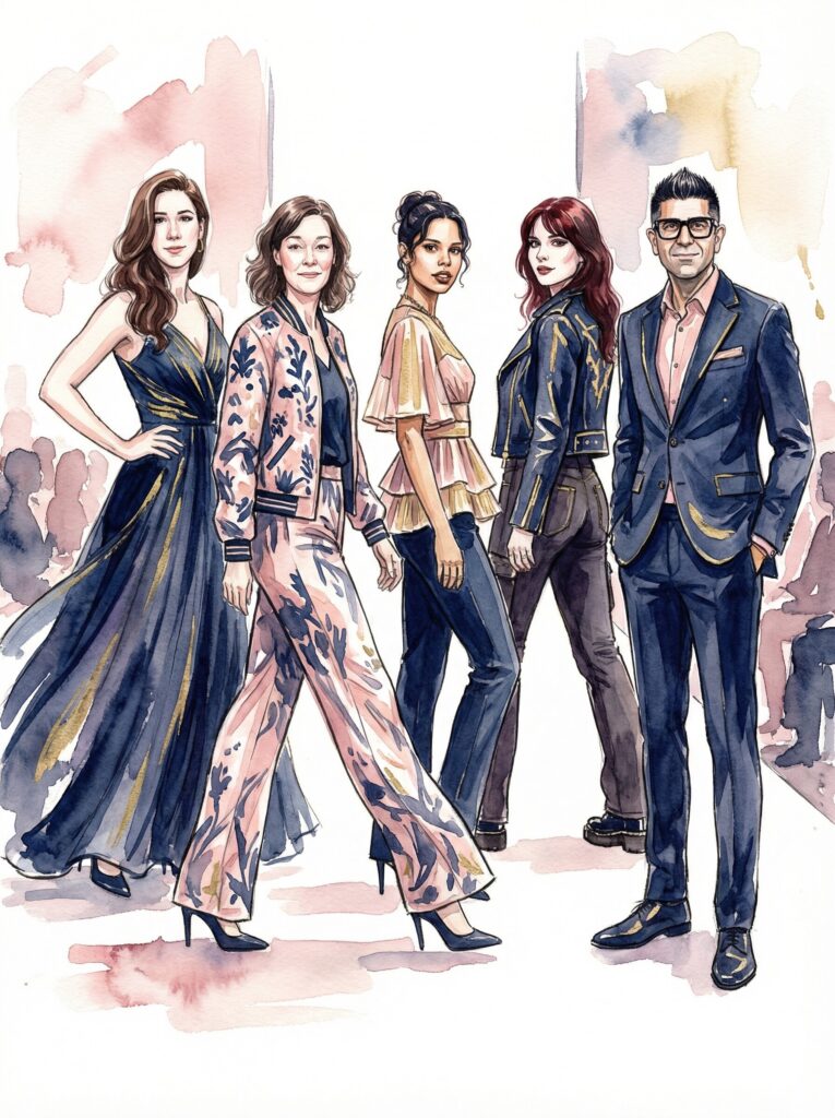 Fashion illustration featuring five stylish individuals in high-end editorial looks, showcasing vibrant outfits and runway-ready aesthetics, reflecting luxury and glamour for event-themed photo booth experiences.