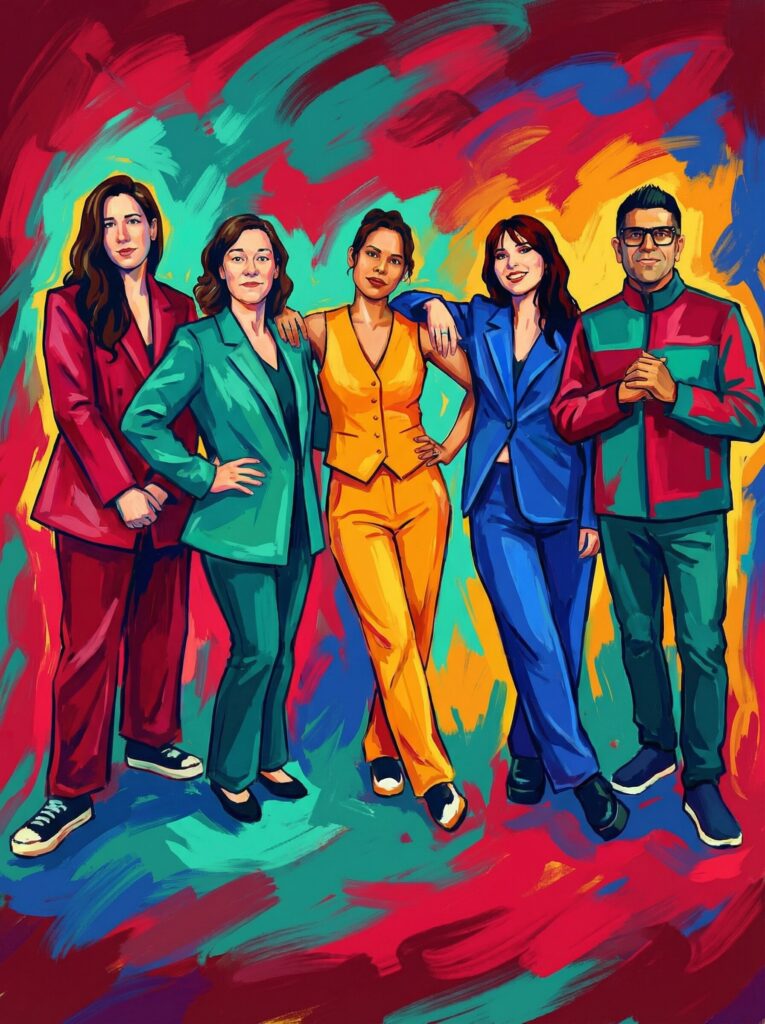 Group of five individuals in vibrant suits against a colorful abstract background, representing a modern artistic style, ideal for showcasing unique photo booth experiences and art style filters.