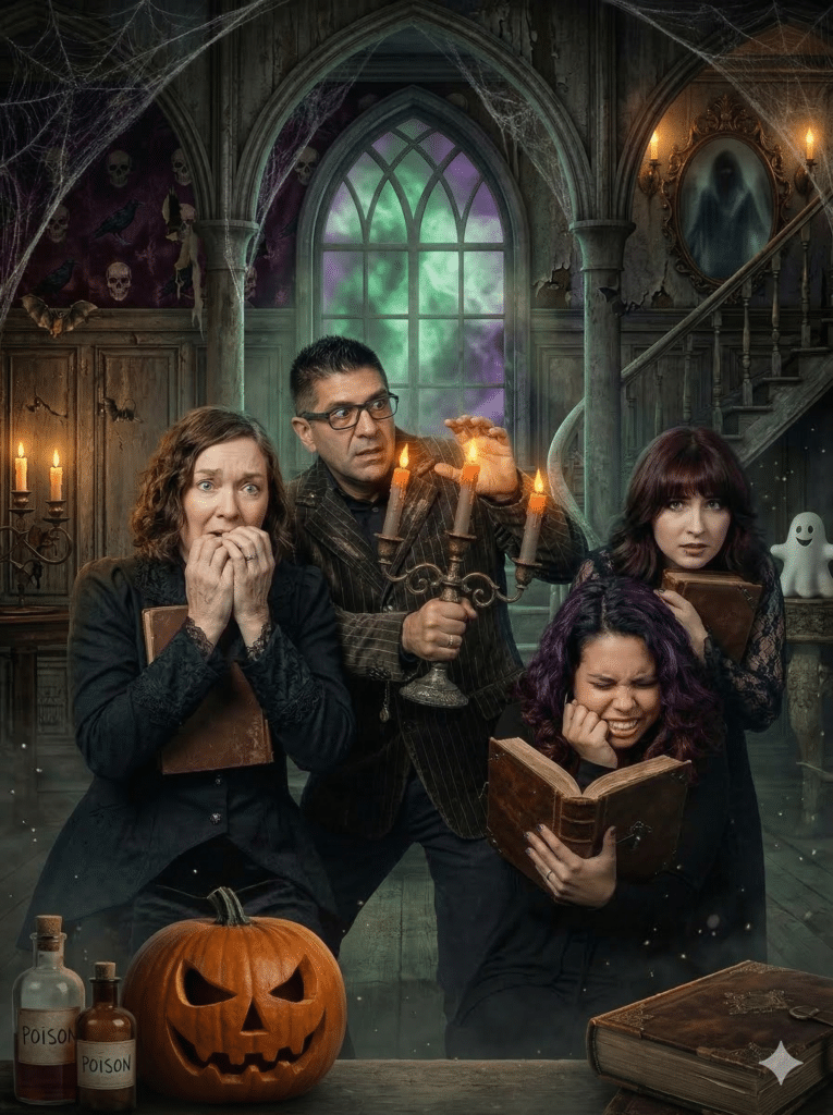 Group of four people in a spooky haunted house setting, featuring a pumpkin, candles, and potion bottles, expressing fear and surprise while holding books, with a ghostly figure in the background.