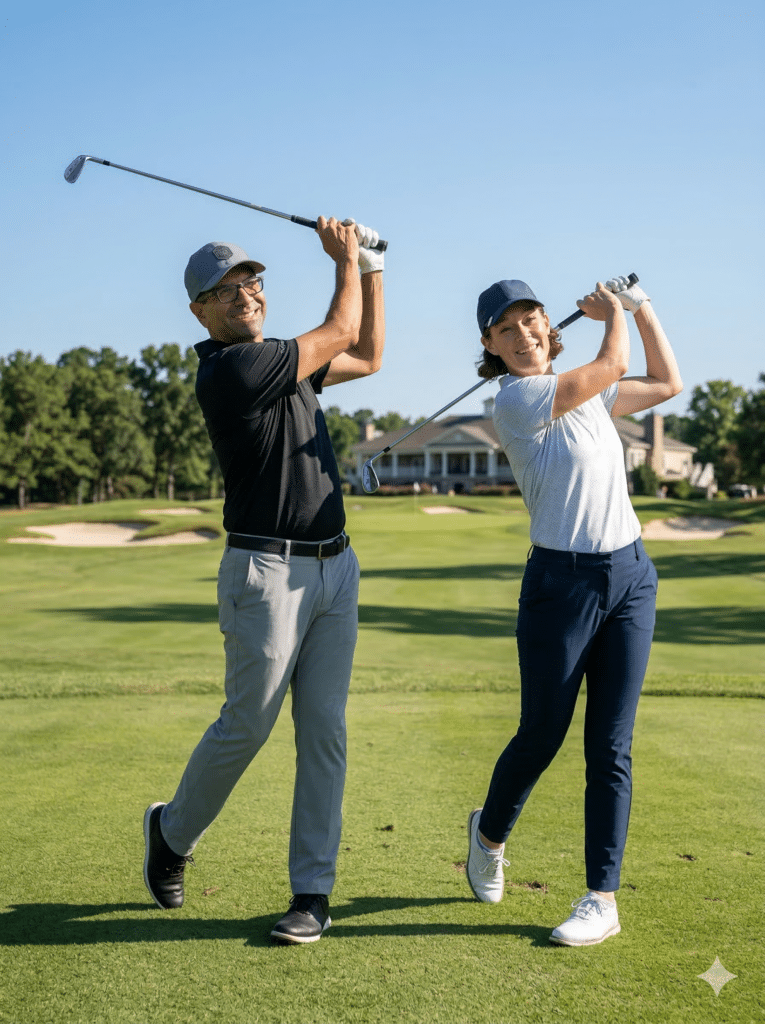 Golfers swinging clubs on a sunny course, showcasing a fun and engaging atmosphere for trade show photo booth ideas.