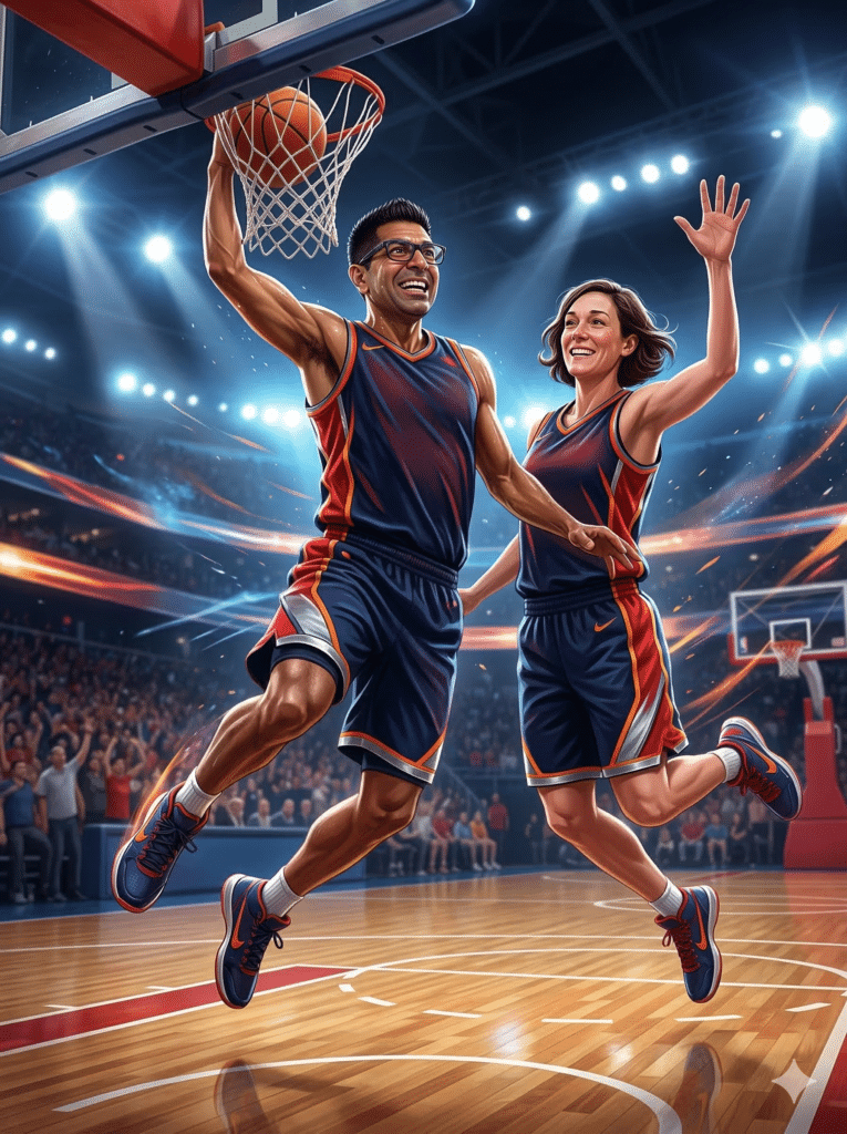 Dynamic basketball players celebrating a successful dunk in a vibrant arena, showcasing athleticism and teamwork, relevant to sports-themed photo booth experiences.