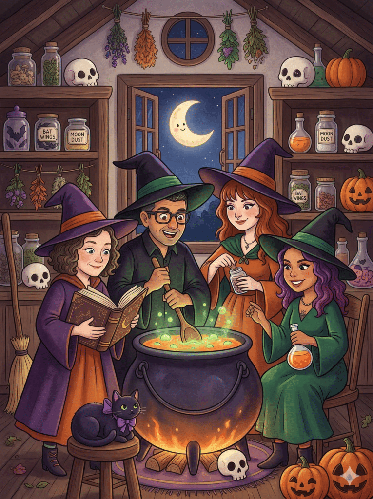 Witches in a cozy room brewing potions, surrounded by Halloween decorations, including pumpkins, skulls, and jars labeled "Bat Wings" and "Moon Dust."