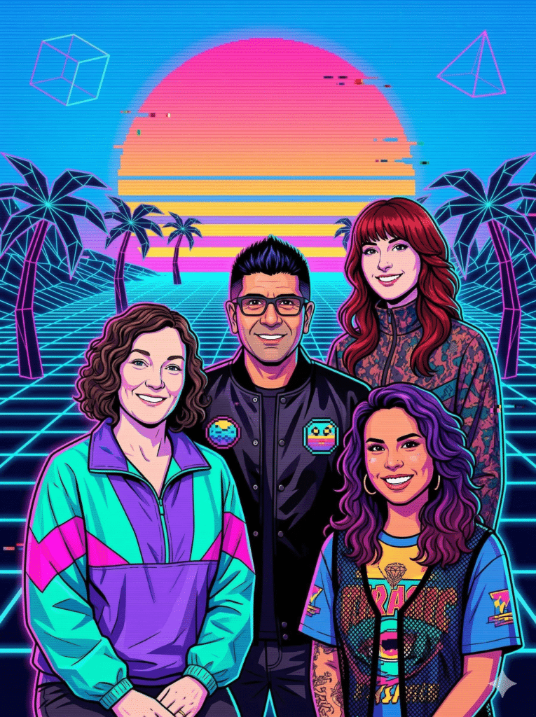 Group of four people posing in a vibrant, retro-futuristic setting with neon colors, palm trees, and a sunset background, reflecting themes of nostalgia and pop culture, ideal for tech-forward events and AI photo booth experiences.