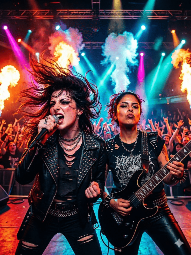Female rock musicians performing on stage with dramatic lighting and pyrotechnics, embodying the energy of a live concert atmosphere.