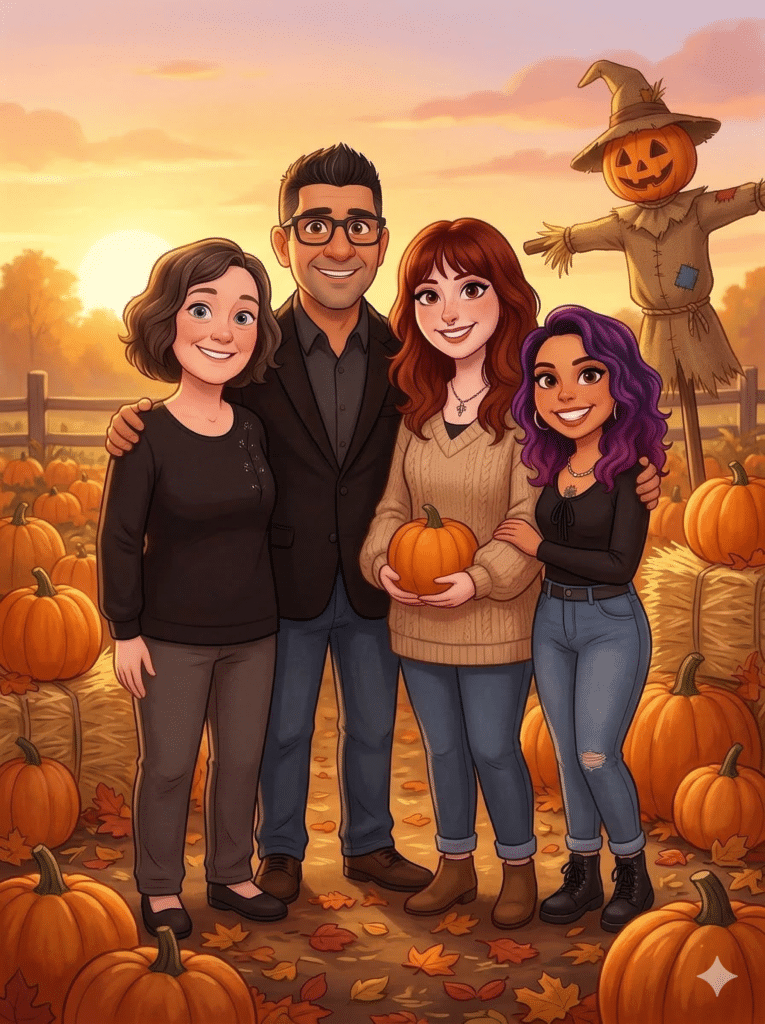 Group of four people smiling in a pumpkin patch during sunset, surrounded by pumpkins and autumn leaves, featuring a scarecrow in the background, representing festive fall themes for events.