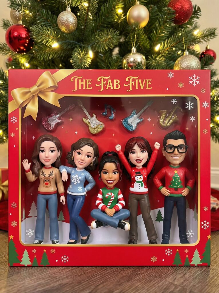 Fab Five holiday figurines in festive attire, surrounded by Christmas decorations, showcasing a joyful holiday spirit.