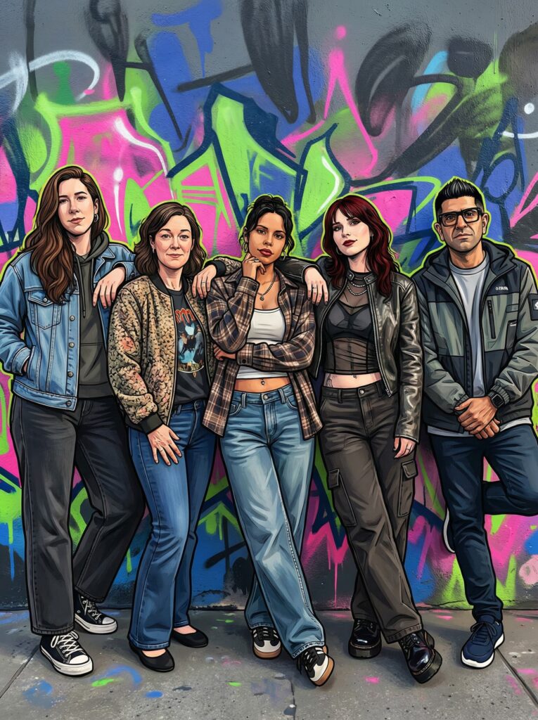 Group of five diverse individuals posing confidently in front of vibrant graffiti wall, showcasing urban street style, reflecting themes of fantasy and pop culture.