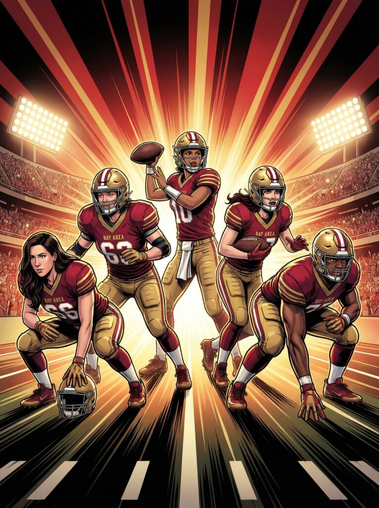 Illustration of diverse football players in action poses, showcasing teamwork and athleticism, set against a dynamic stadium backdrop with bright lights, representing sports and occupations theme for event photo booths.