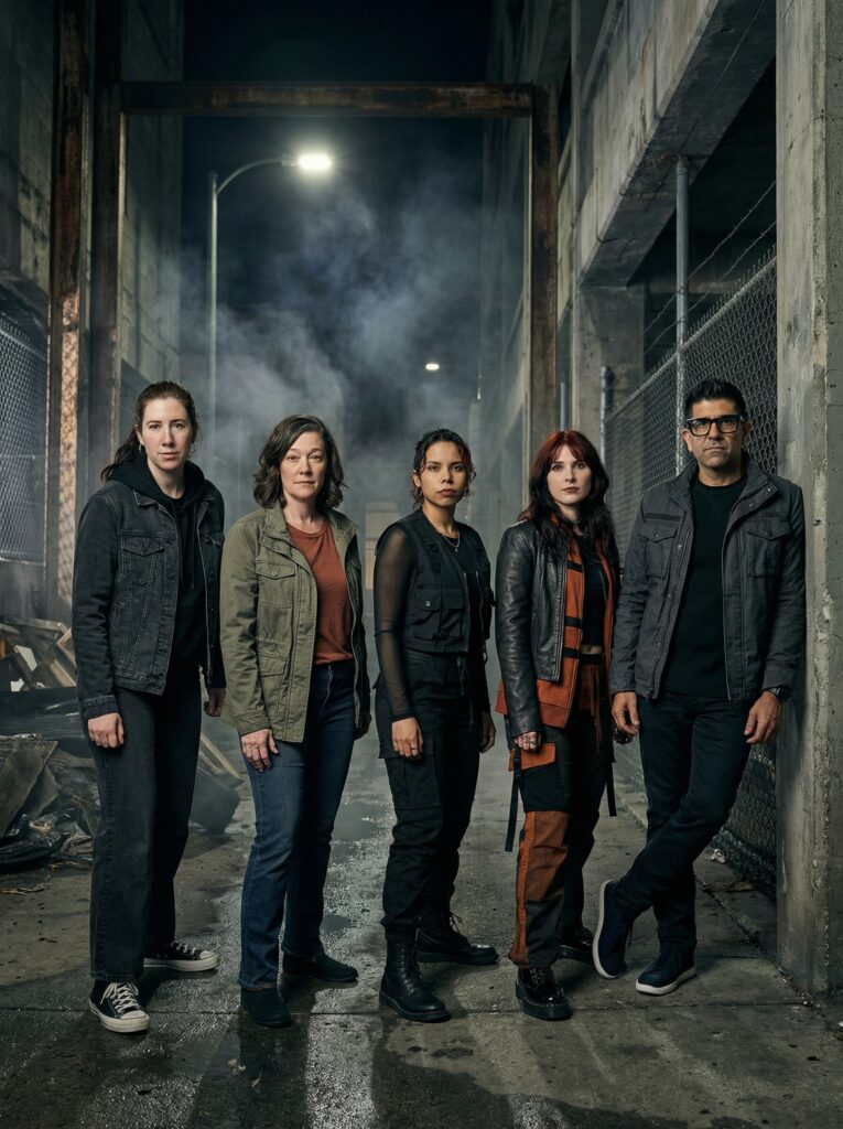 Group of five diverse individuals in urban attire standing confidently in a gritty alleyway, embodying a rebellious and creative spirit, aligned with the themes of Grunge and Urban Creative showcased by Pop Life Photo's AI-enhanced photo booth filters.