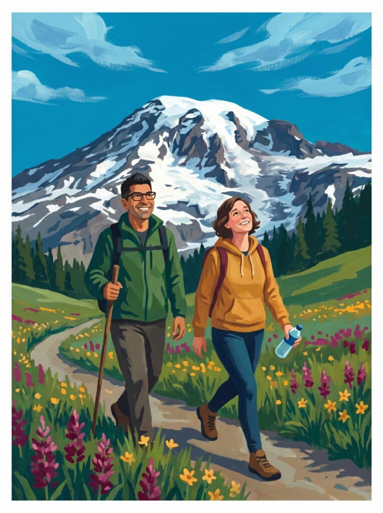 Hiking postcard illustration, fashion and travel, guests enjoying a scenic mountain hike.